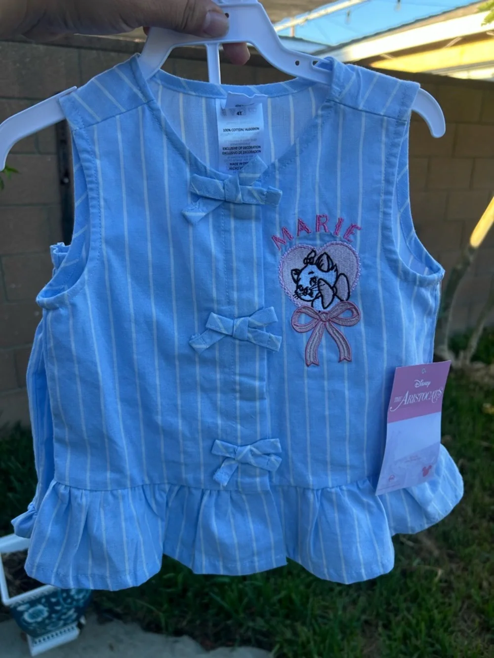 Disney Blue & White Striped Sleeveless Top with Marie Embroidery